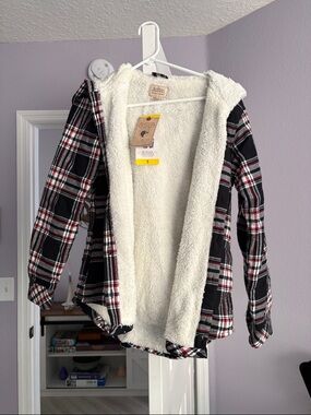 Boston Traders Black Red White Plaid Sherpa-Lined Pea Coat